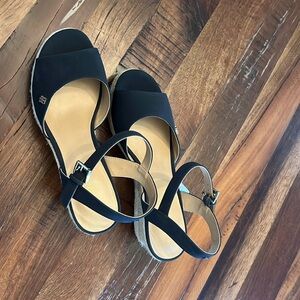 Tommy Hilfiger, navy wedge sandals in a size 8.5 M.
